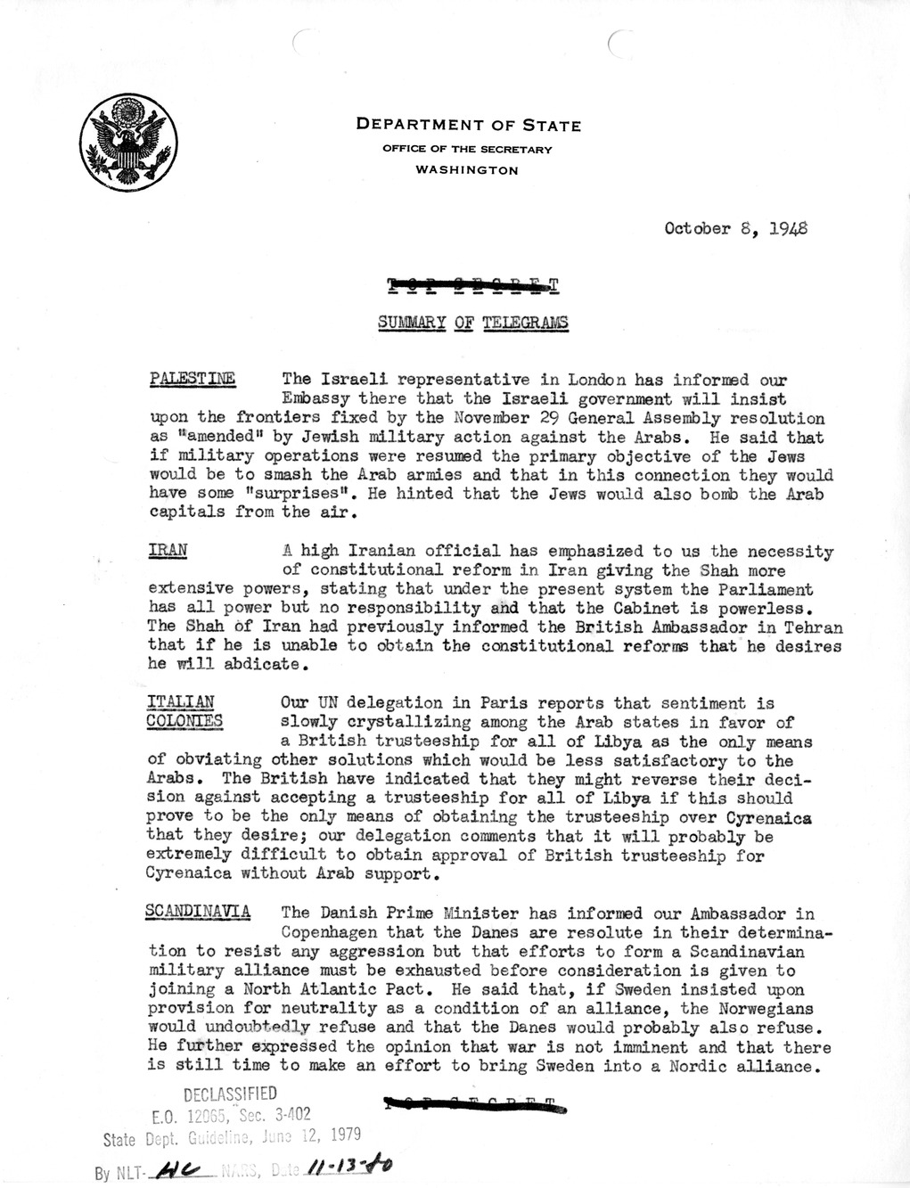 Memorandum, State Department Summary of Telegrams