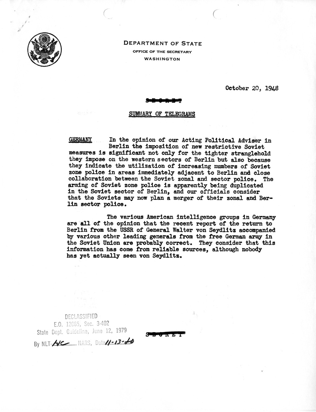 Memorandum, Department of State Summary of Telegrams