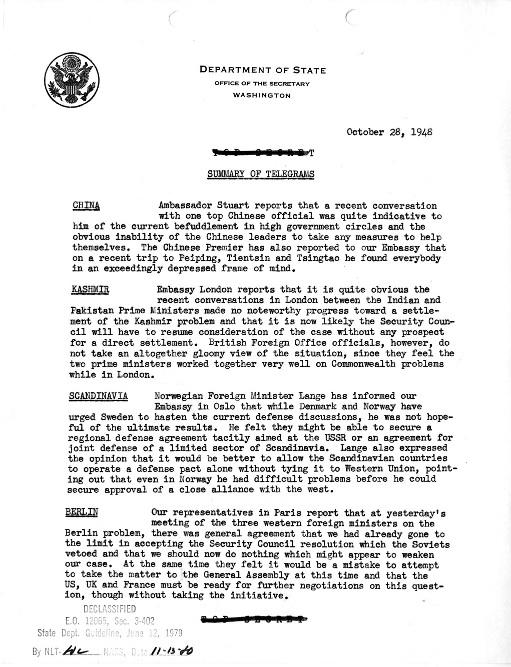 Memorandum, Department of State Summary of Telegrams