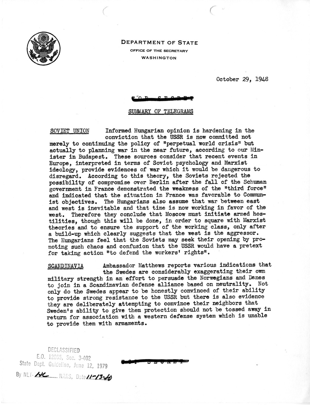 Memorandum, State Department Summary of Telegrams