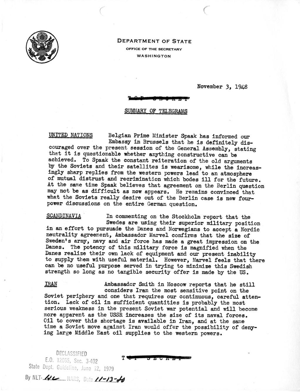 Memorandum, Department of State Summary of Telegrams