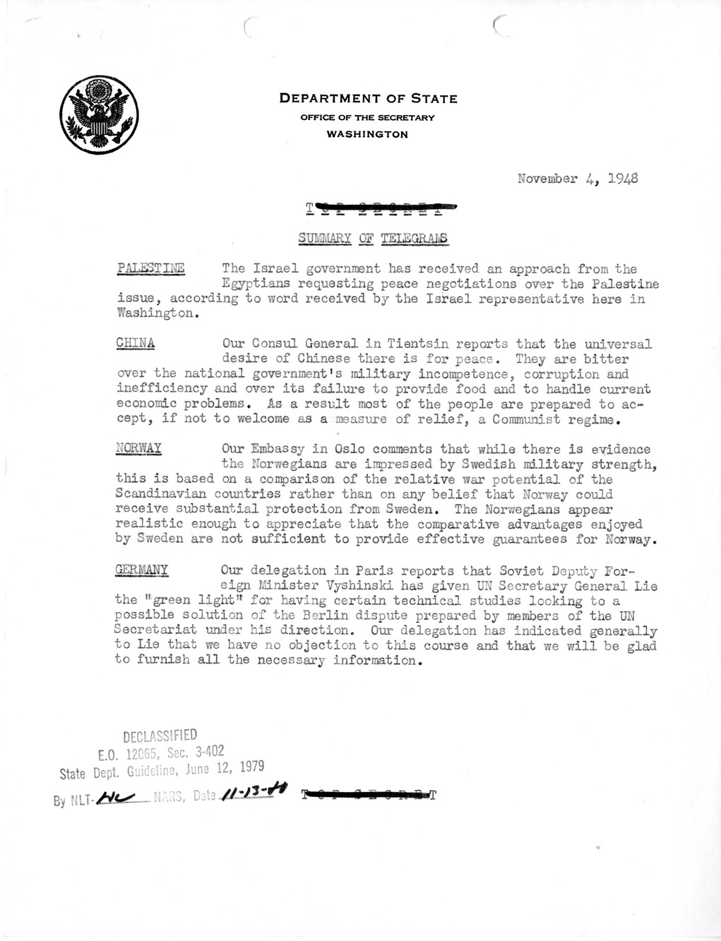 Memorandum, Department of State Summary of Telegrams