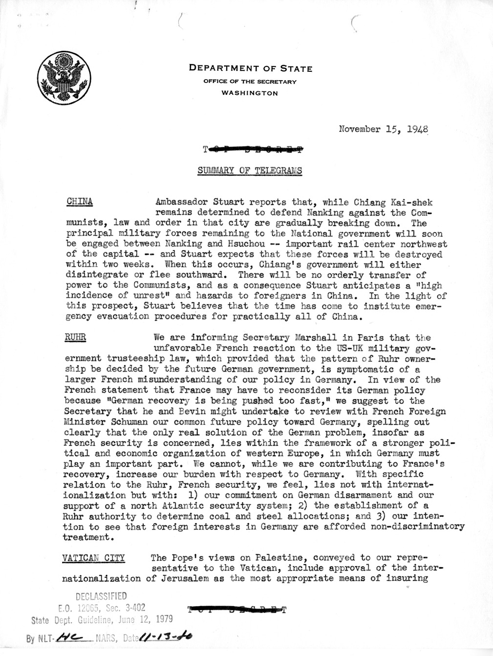 Memorandum, Department of State Summary of Telegrams