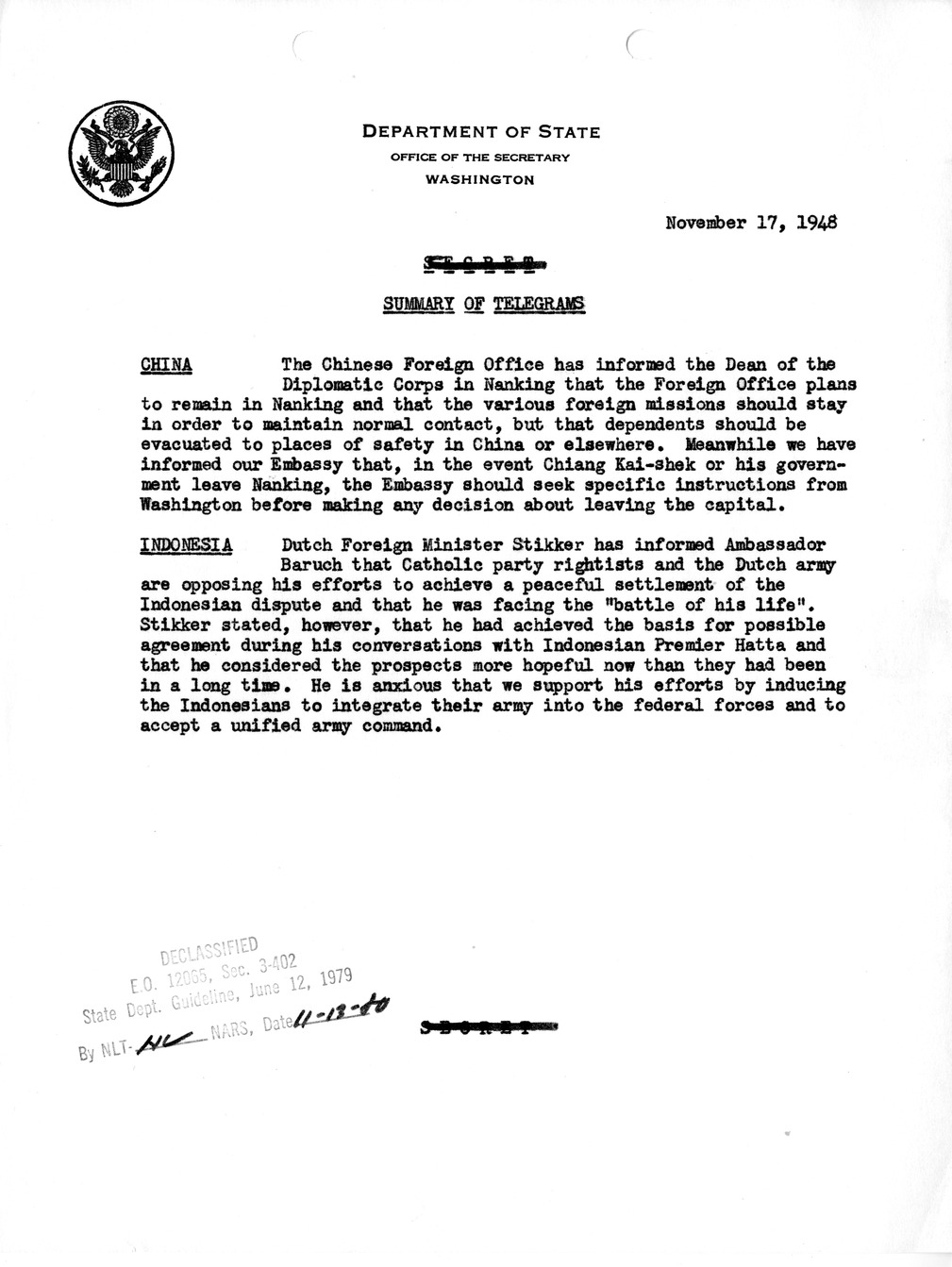 Memorandum, Department of State Summary of Telegrams