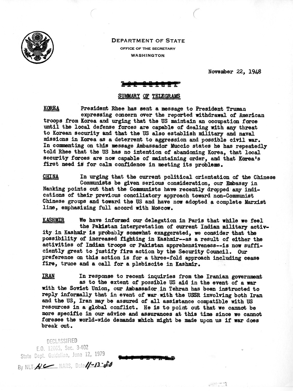 Memorandum, Department of State Summary of Telegrams