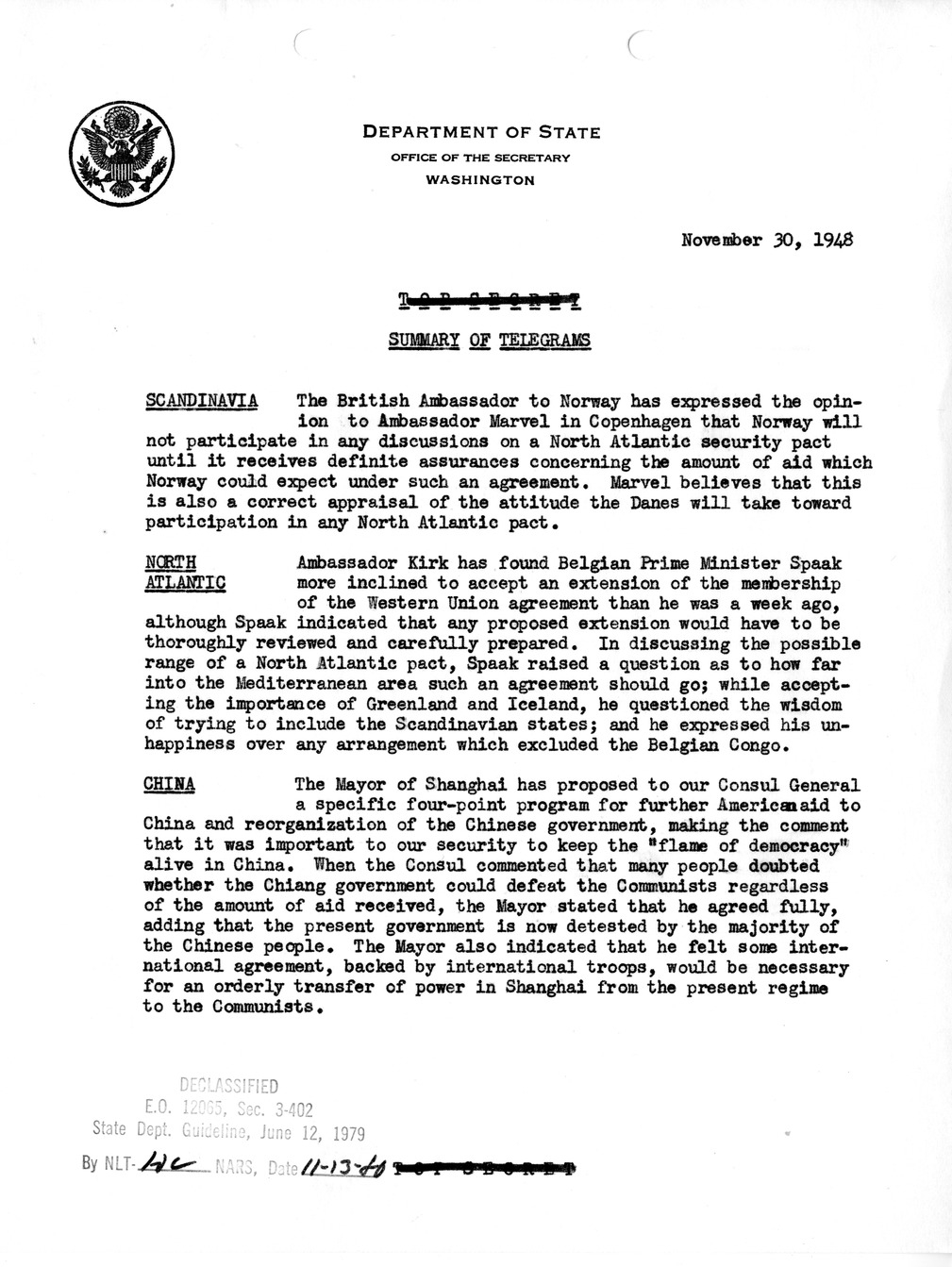 Memorandum, State Department Summary of Telegrams