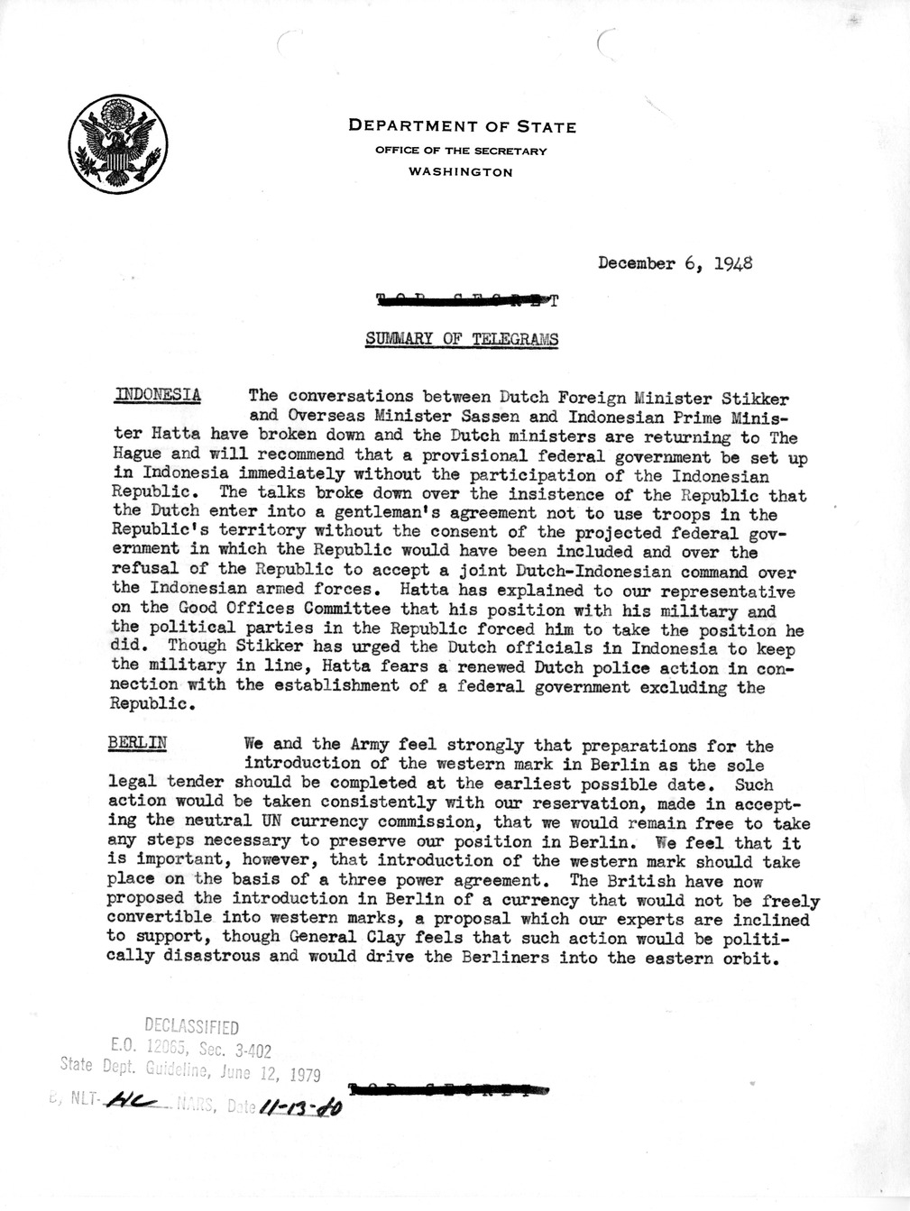 Memorandum, Department of State Summary of Telegrams