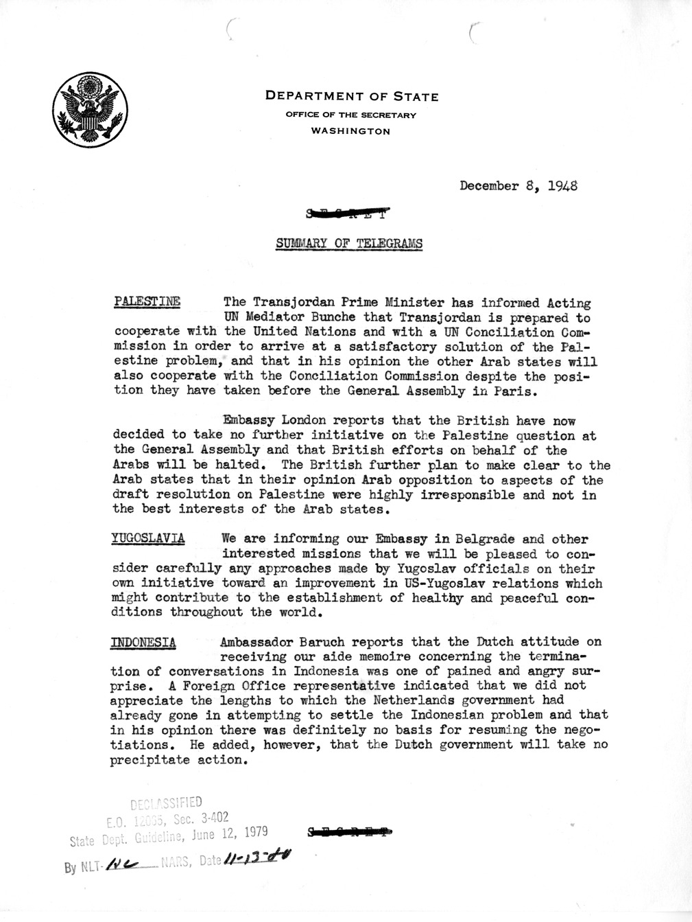 Memorandum, Department of State Summary of Telegrams