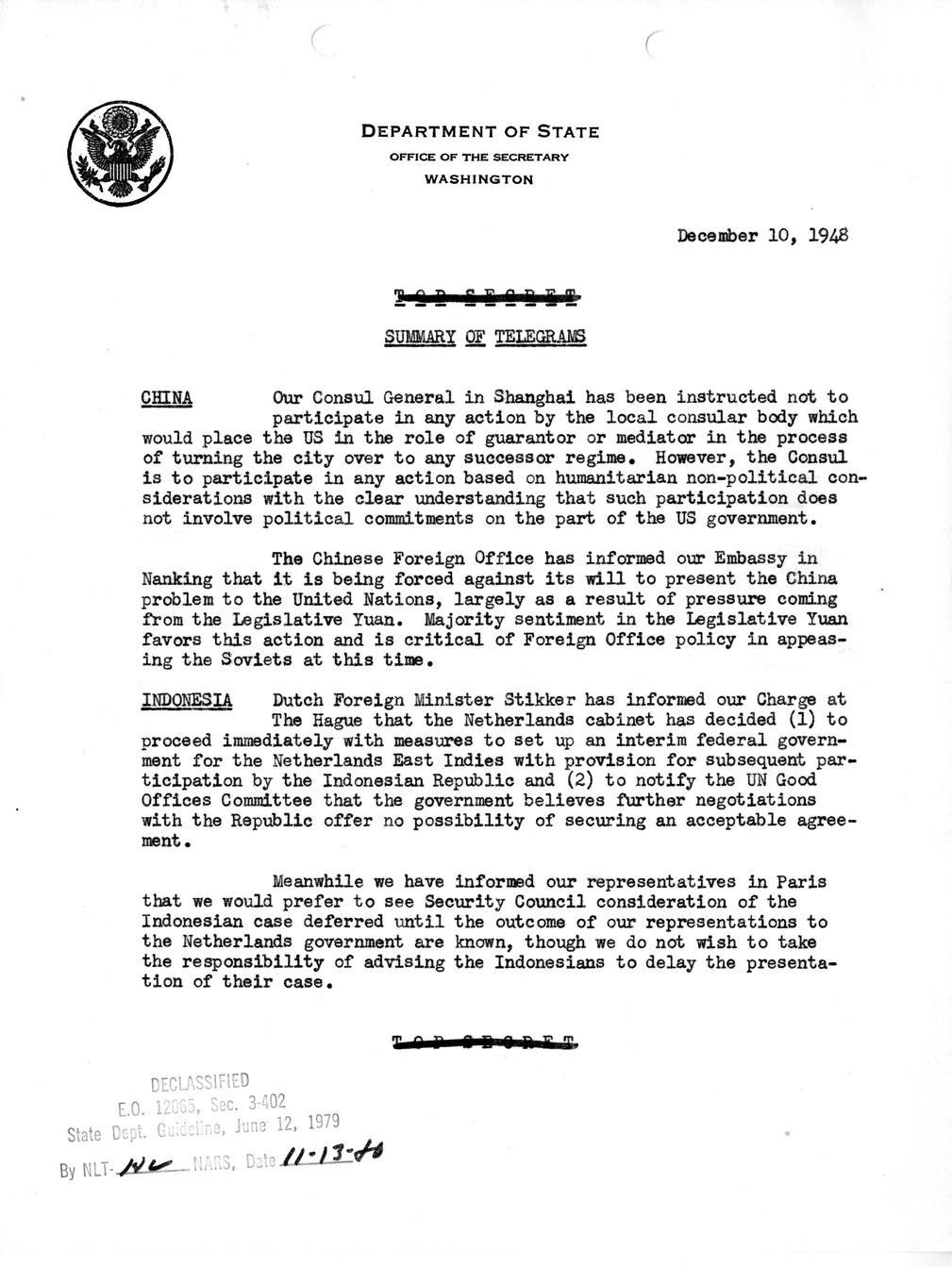 Memorandum, State Department Summary of Telegrams