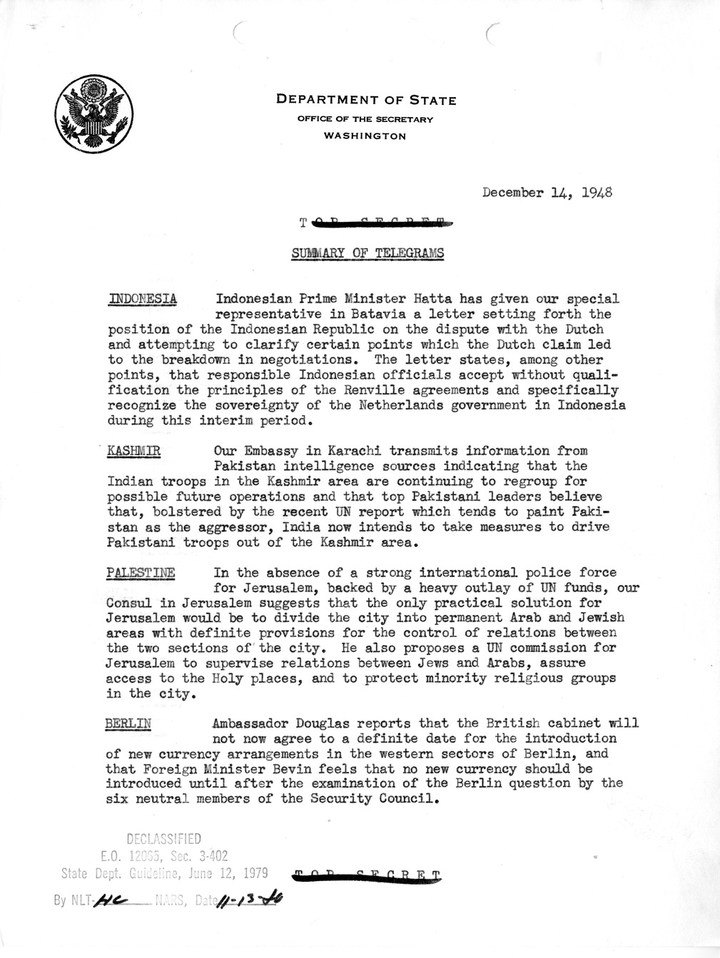 Memorandum, Department of State Summary of Telegrams