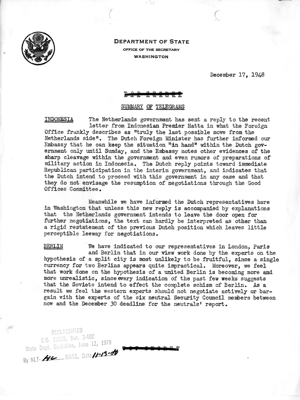 Memorandum, Department of State Summary of Telegrams