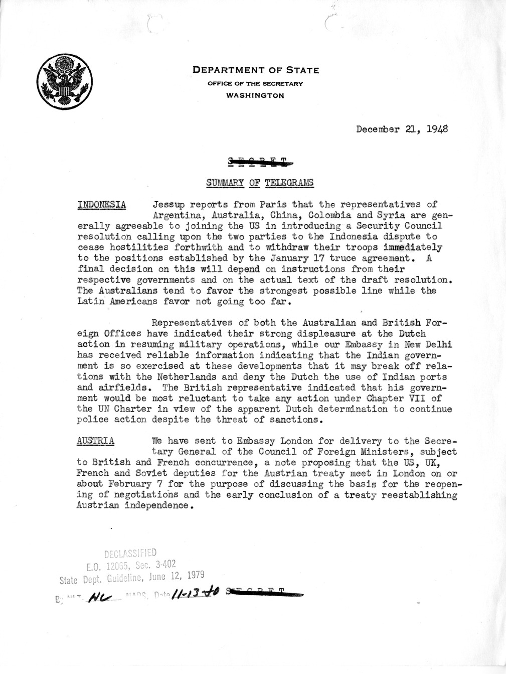 Memorandum, State Department Summary of Telegrams