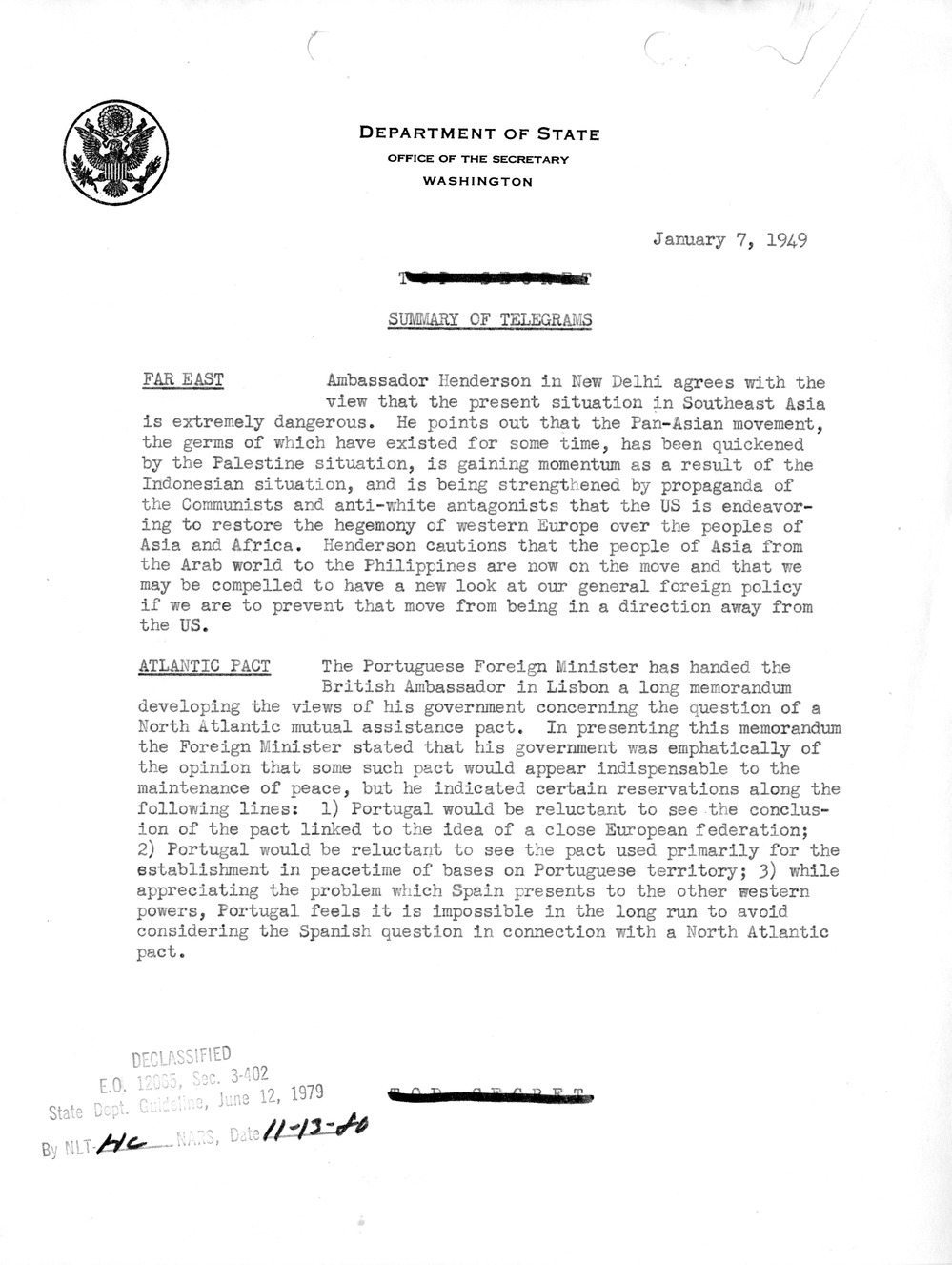 Memorandum, Department of State Summary of Telegrams