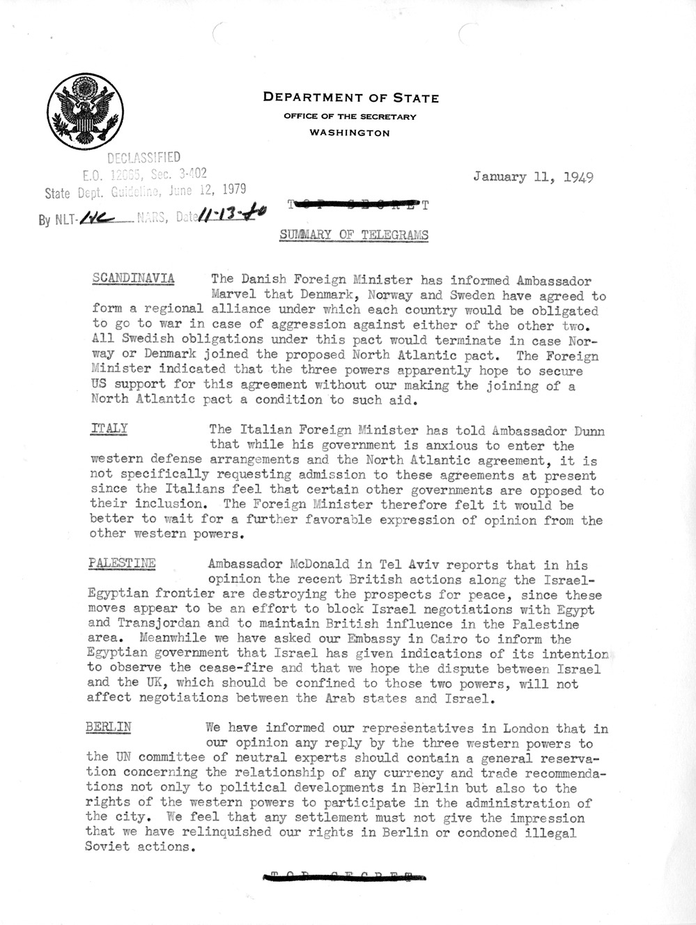 Memorandum, Department of State Summary of Telegrams