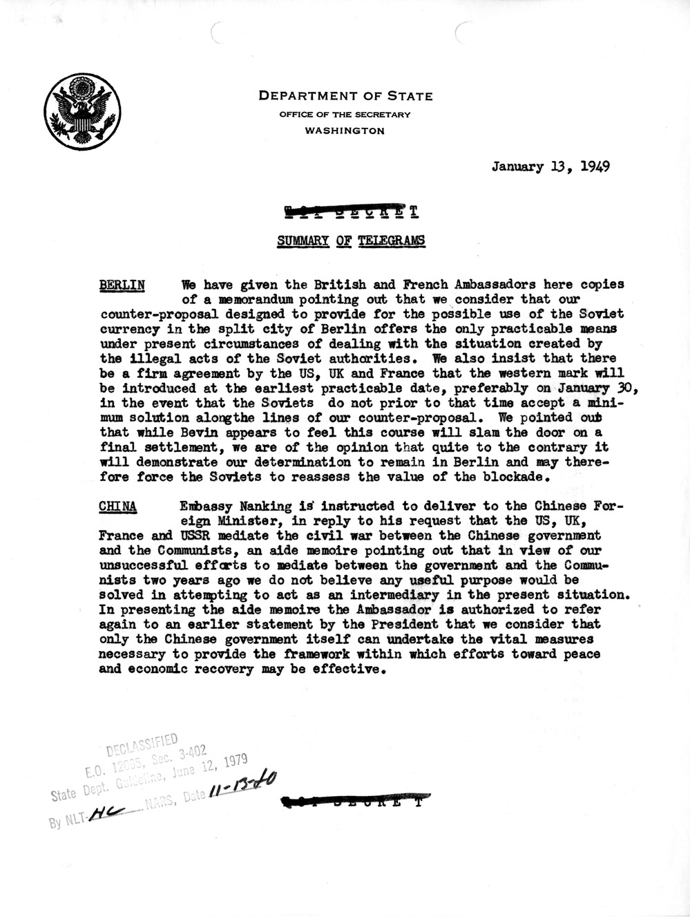 Memorandum, State Department Summary of Telegrams