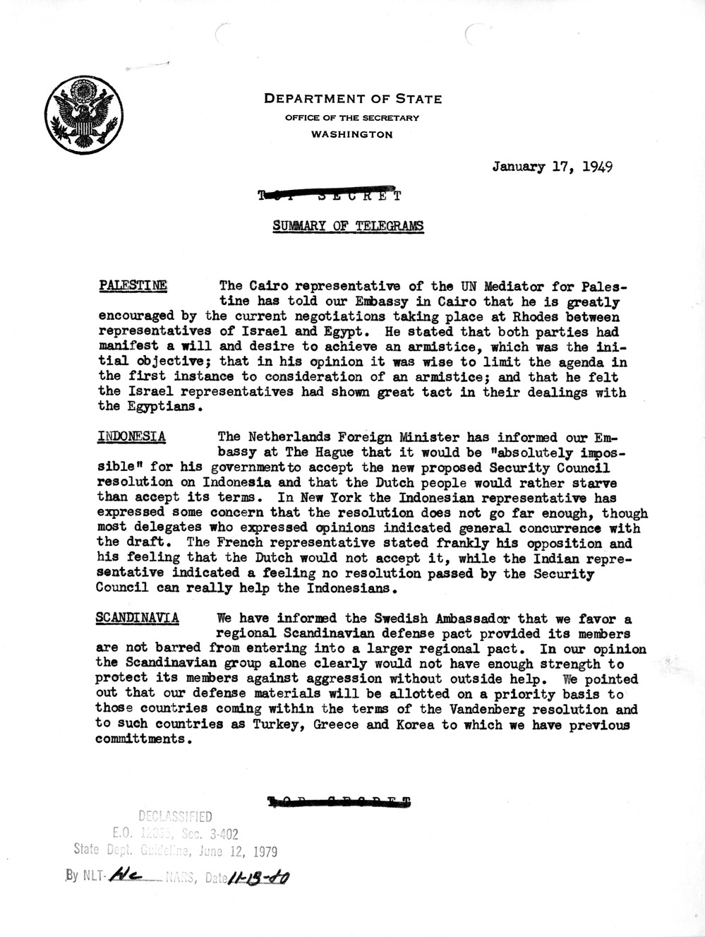 Memorandum, Department of State Summary of Telegrams