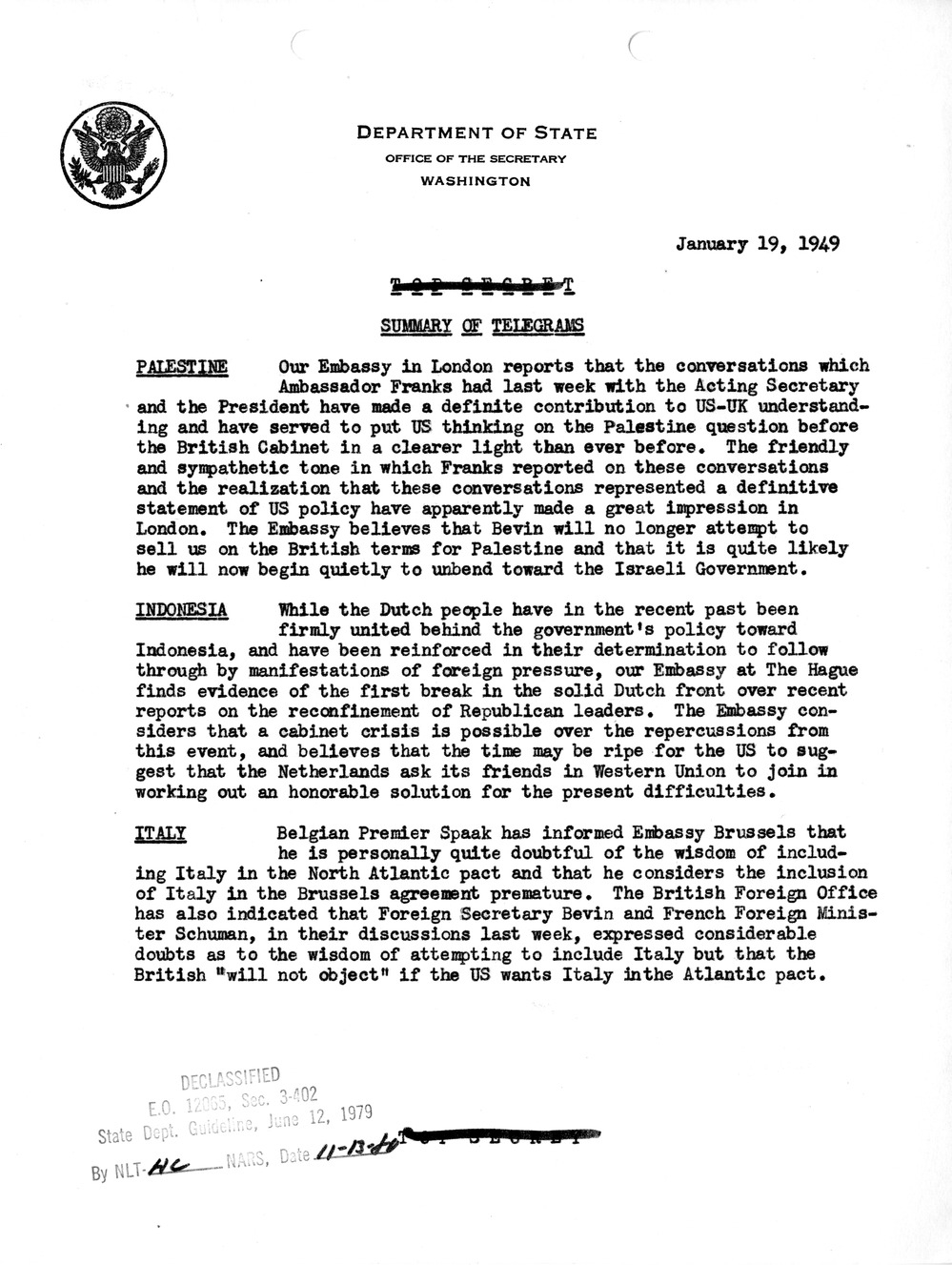 Memorandum, Department of State Summary of Telegrams