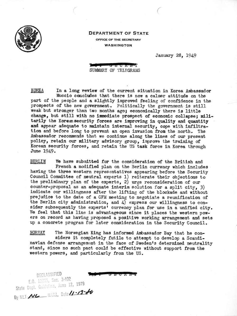 Memorandum, Department of State Summary of Telegrams