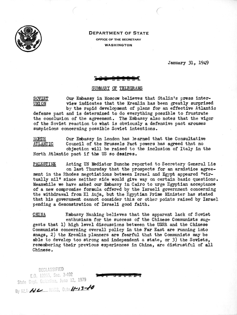 Memorandum, Department of State Summary of Telegrams