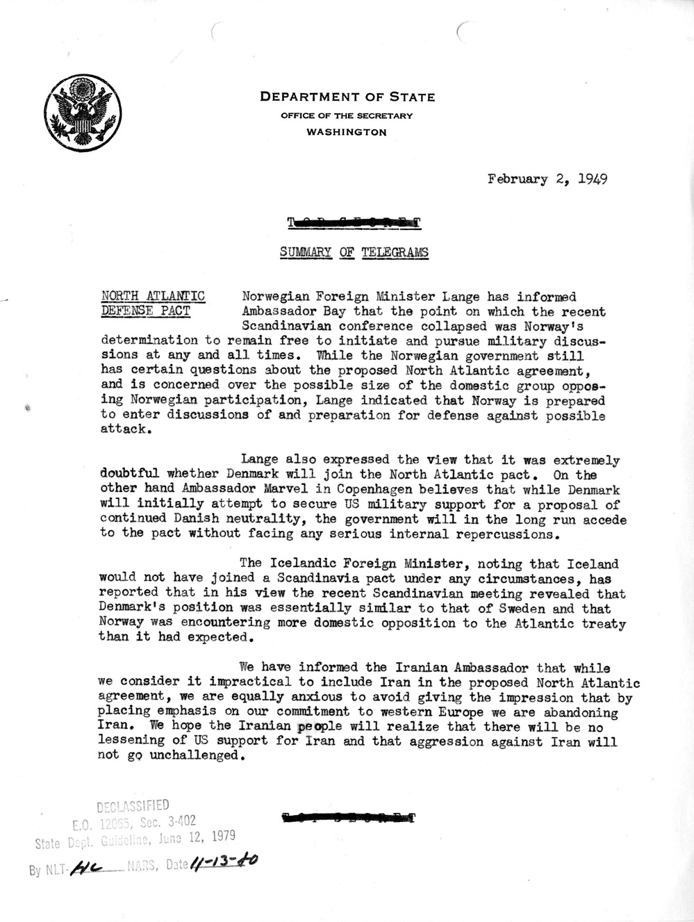 Memorandum, Department of State Summary of Telegrams