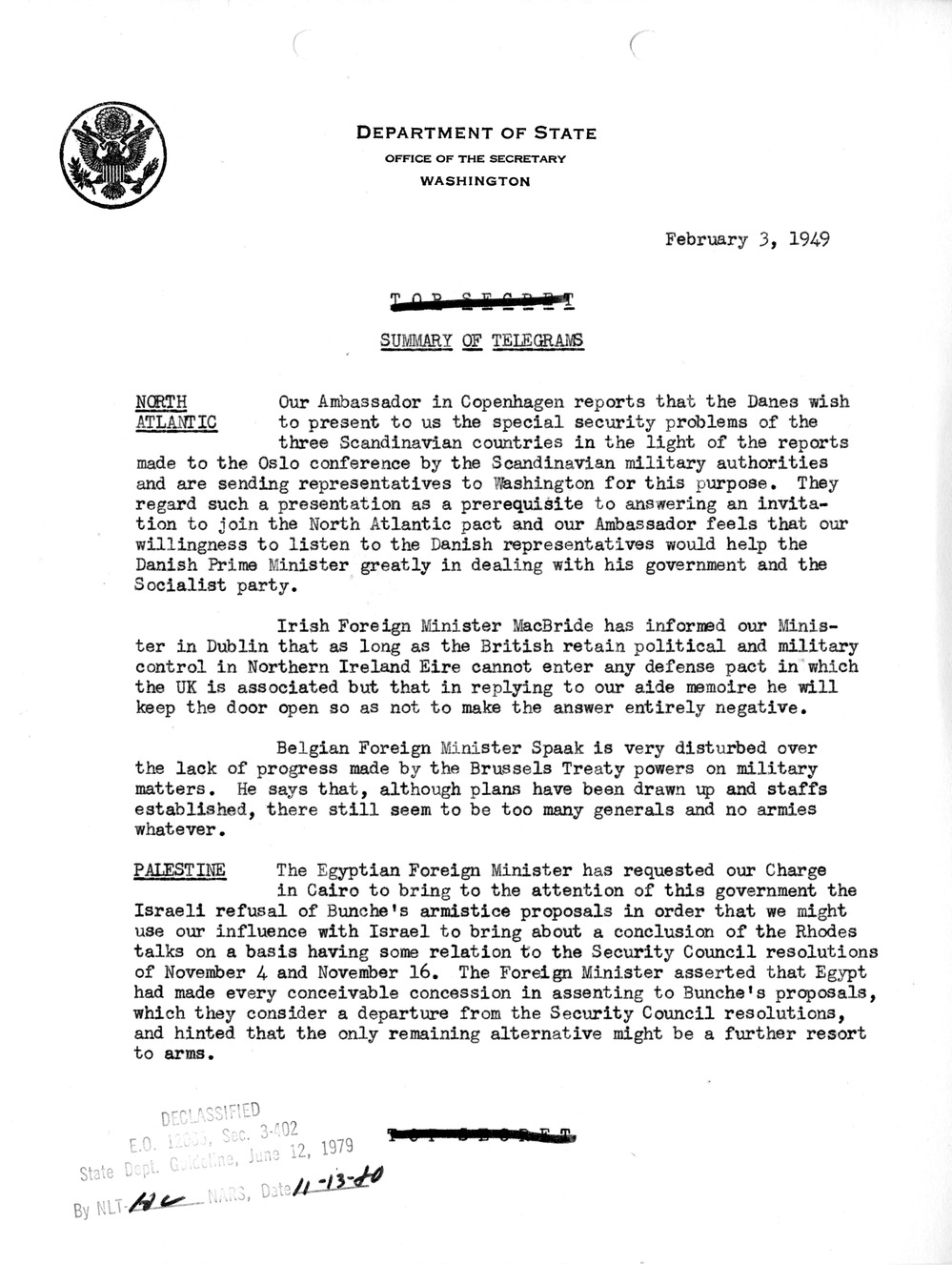 Memorandum, Department of State Summary of Telegrams