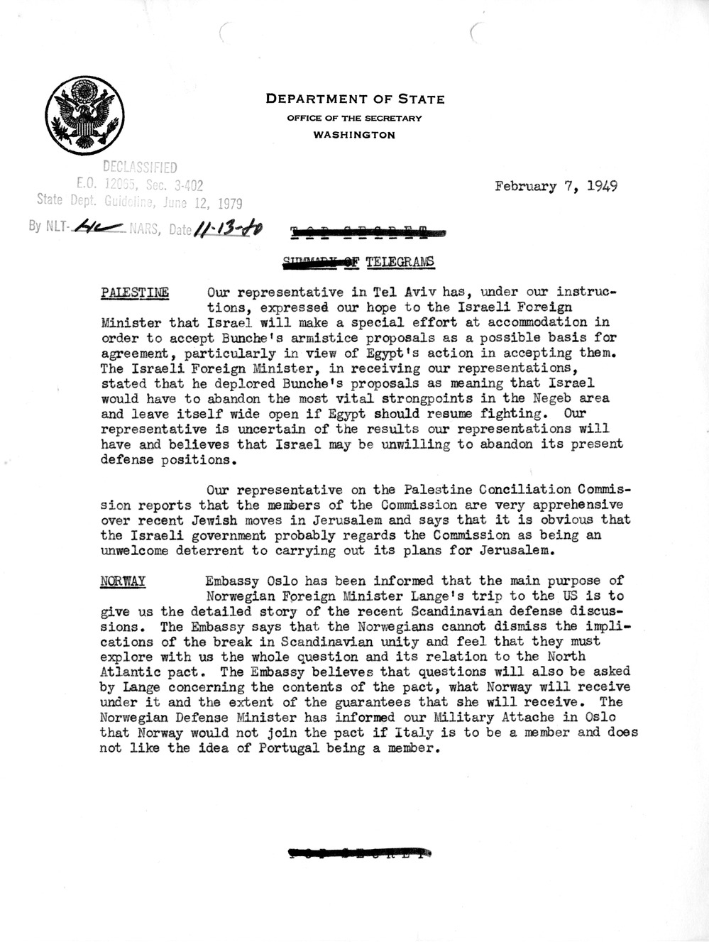 Memorandum, State Department Summary of Telegrams