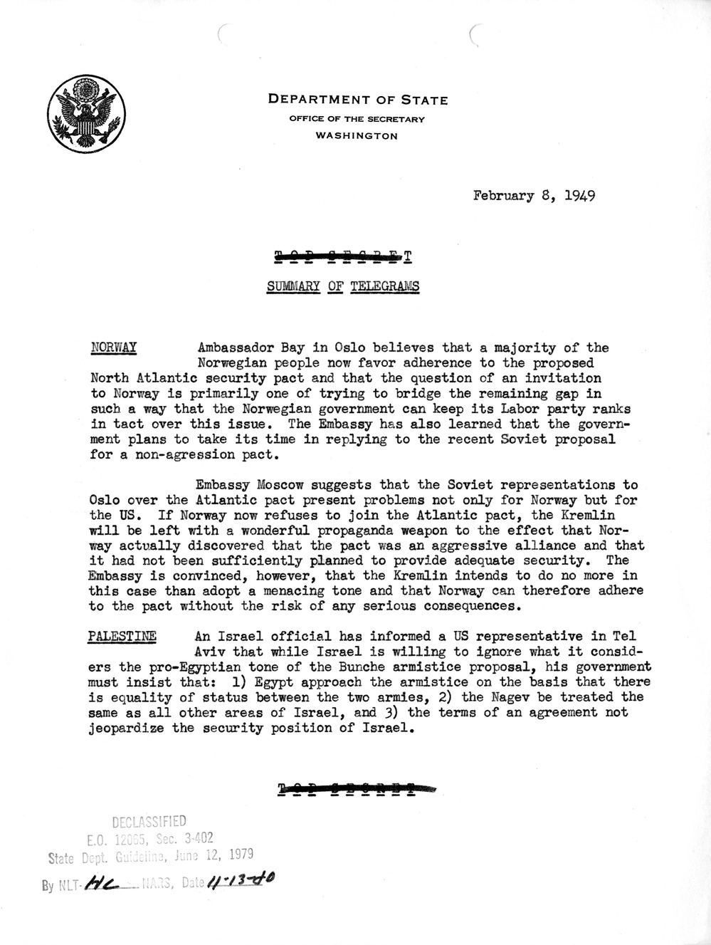 Memorandum, Department of State Summary of Telegrams