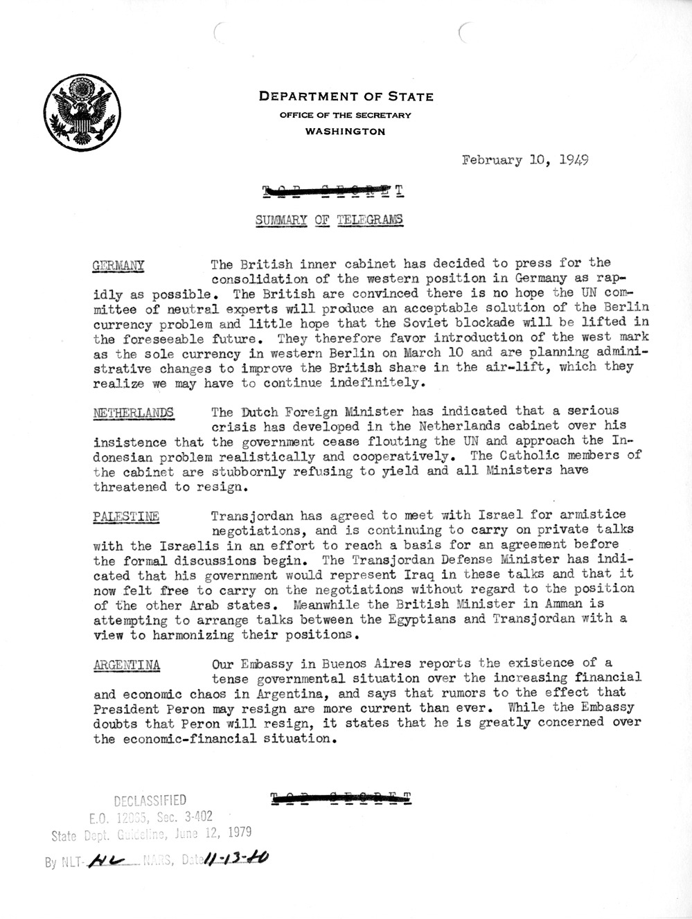 Memorandum, Department of State Summary of Telegrams