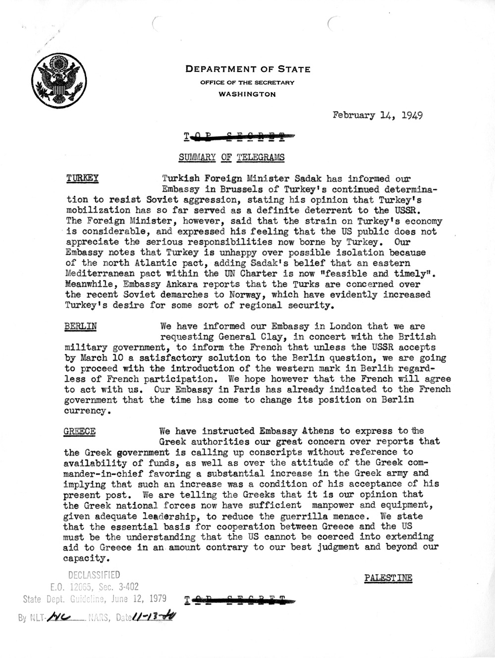 Memorandum, Department of State Summary of Telegrams