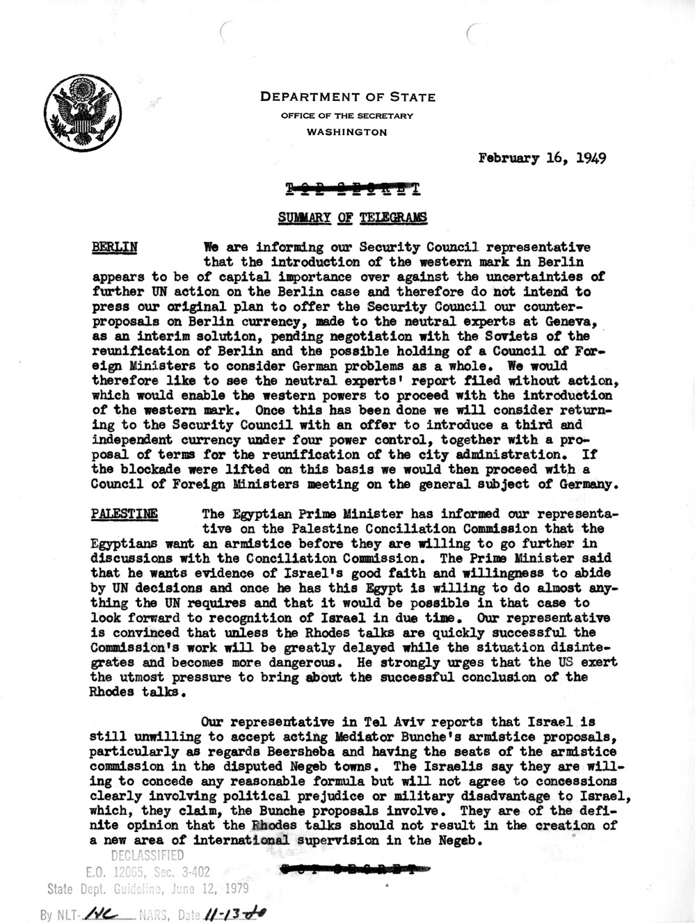 Memorandum, Department of State Summary of Telegrams