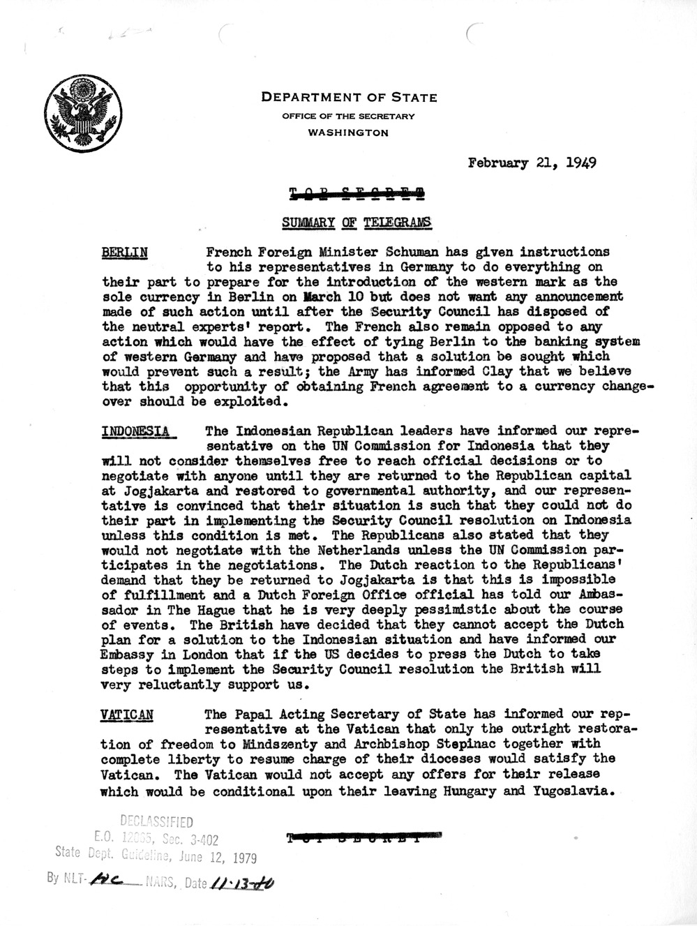 Memorandum, Department of State Summary of Telegrams