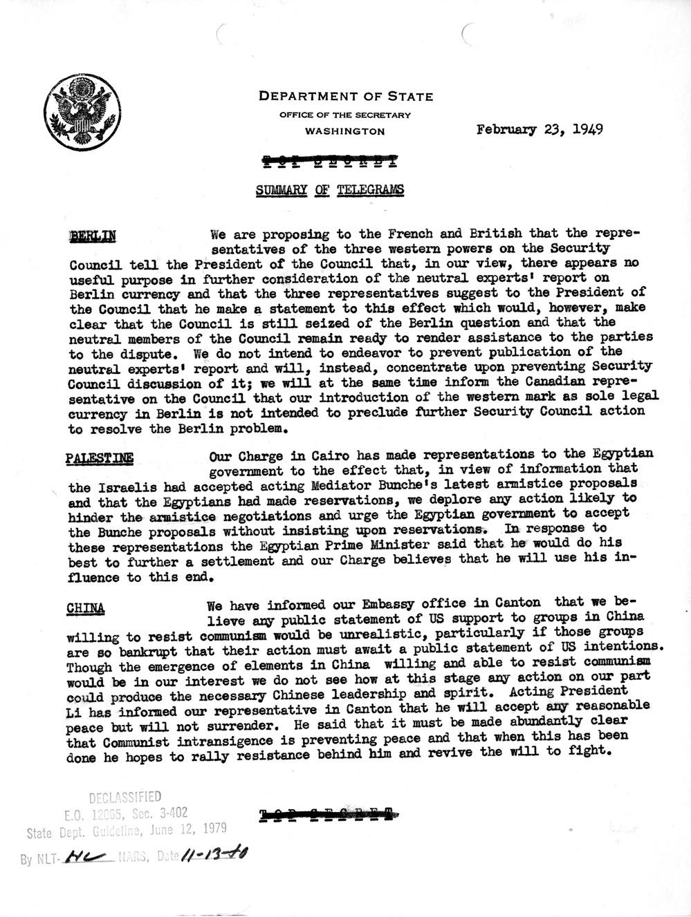 Memorandum, Department of State Summary of Telegrams