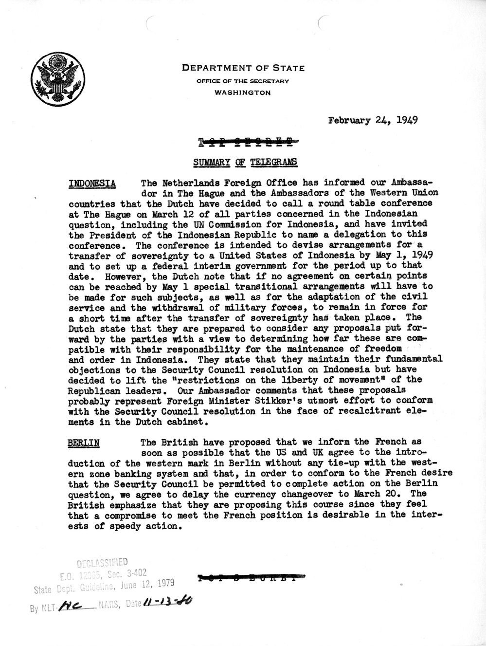 Memorandum, Department of State Summary of Telegrams