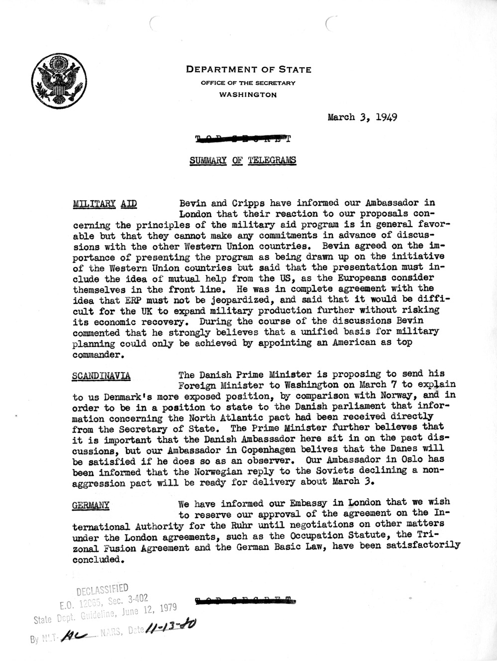 Memorandum, Department of State Summary of Telegrams