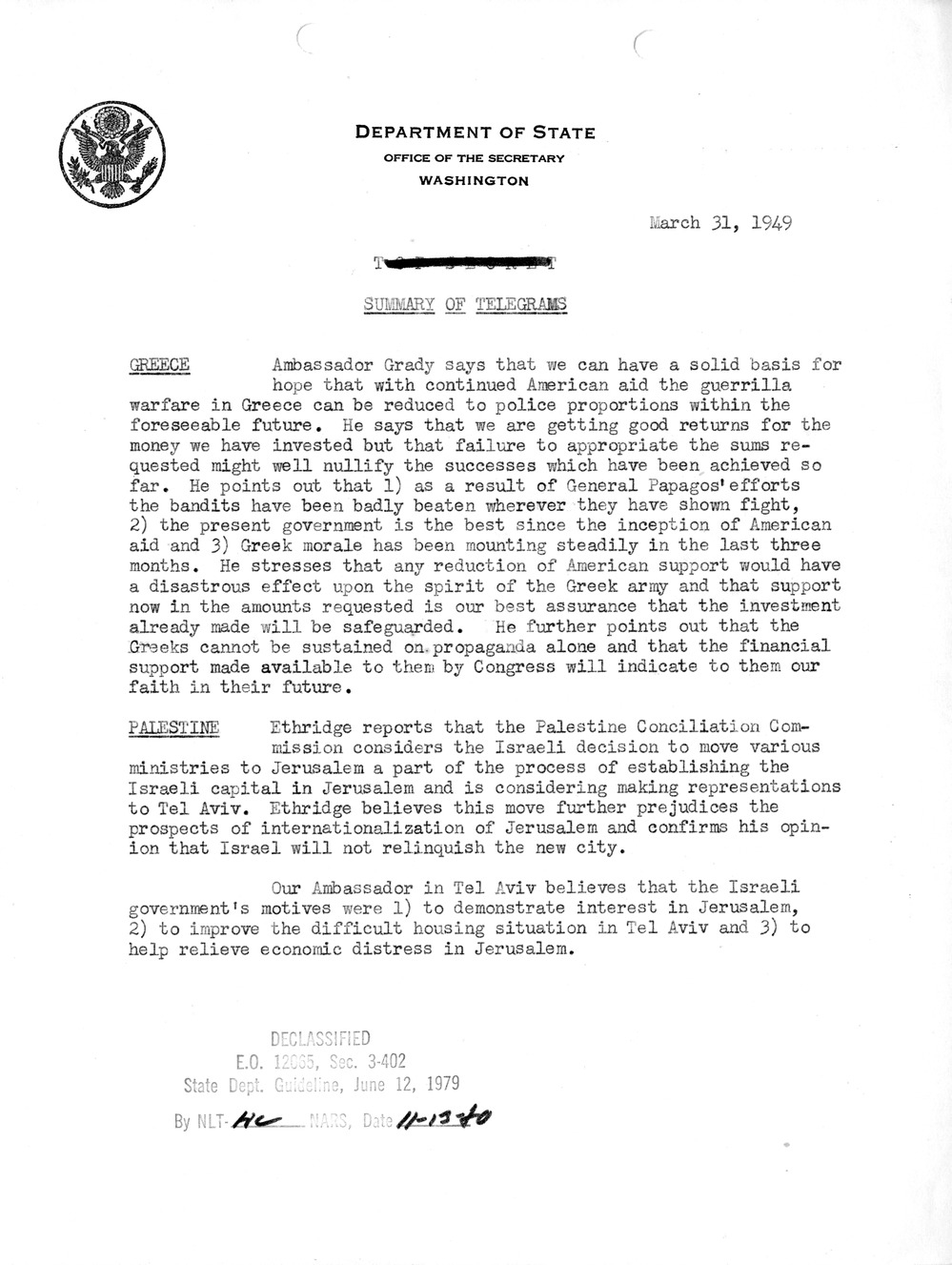 Memorandum, Department of State Summary of Telegrams