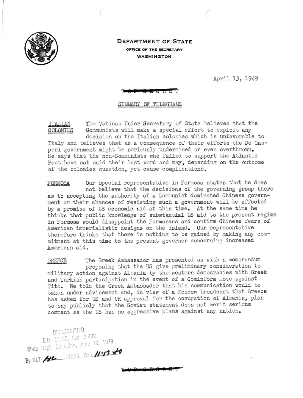 Memorandum, Department of State Summary of Telegrams