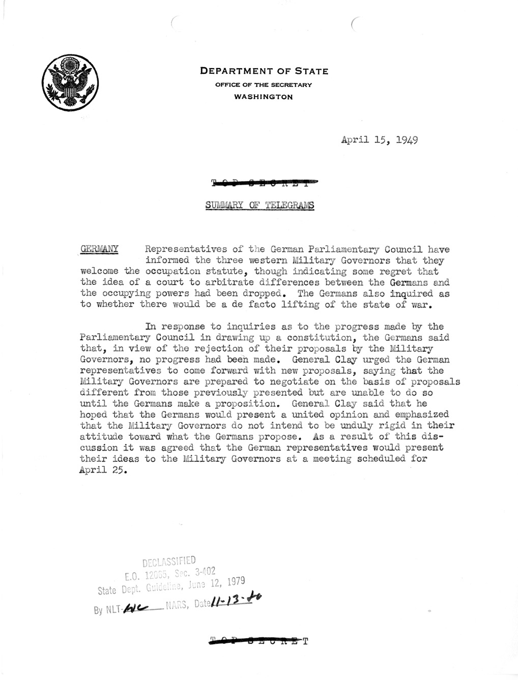 Memorandum, State Department Summary of Telegrams