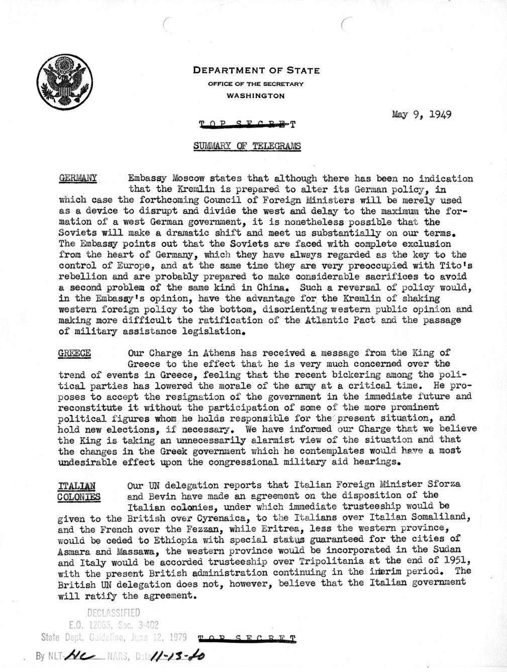 Memorandum, Department of State Summary of Telegrams