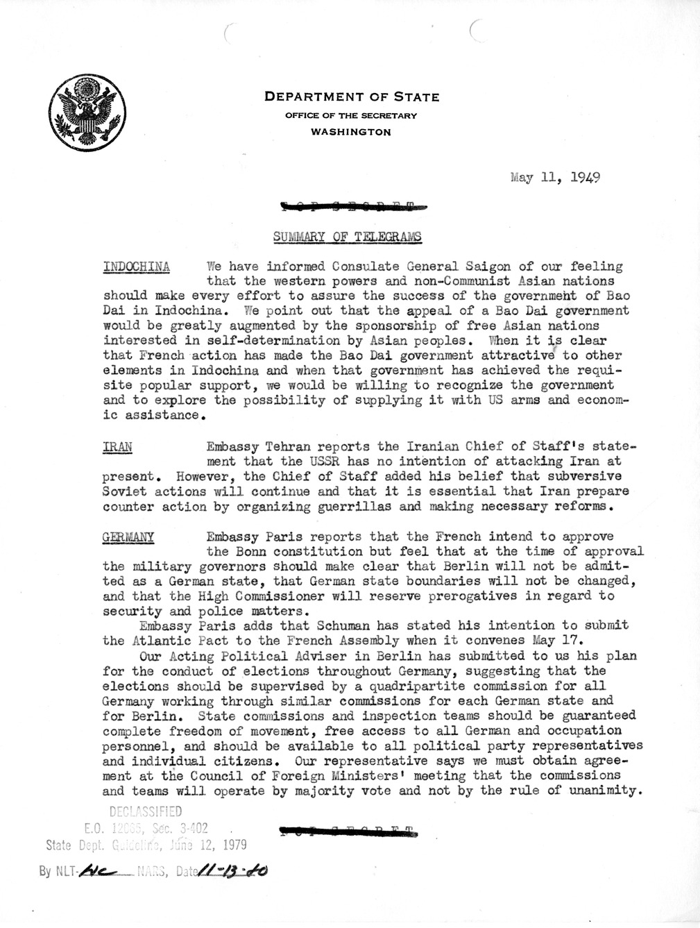 Memorandum, Department of State Summary of Telegrams