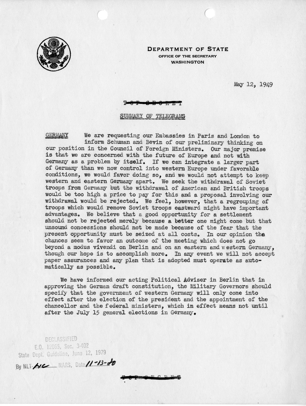 Memorandum, Department of State Summary of Telegrams