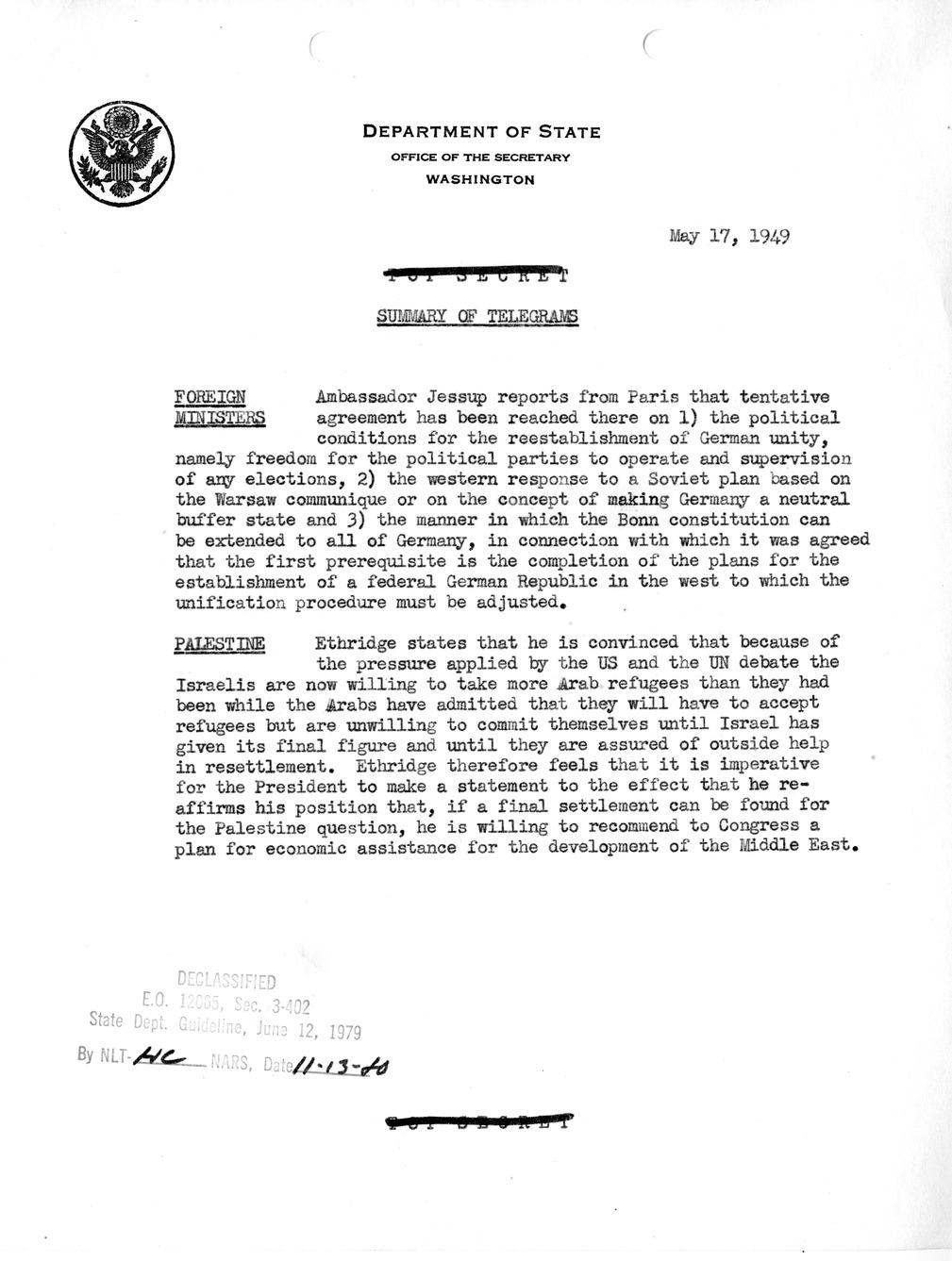 Memorandum, Department of State Summary of Telegrams