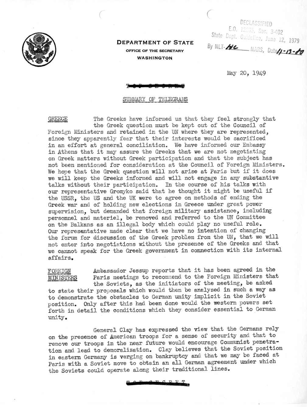 Memorandum, Department of State Summary of Telegrams