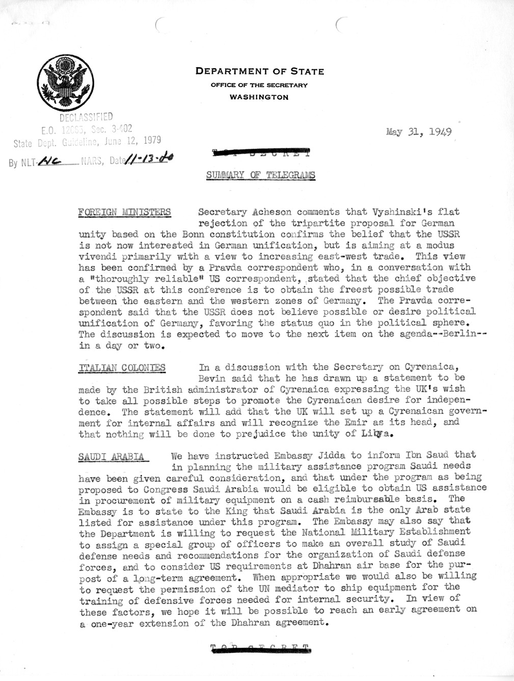 Memorandum, State Department Summary of Telegrams