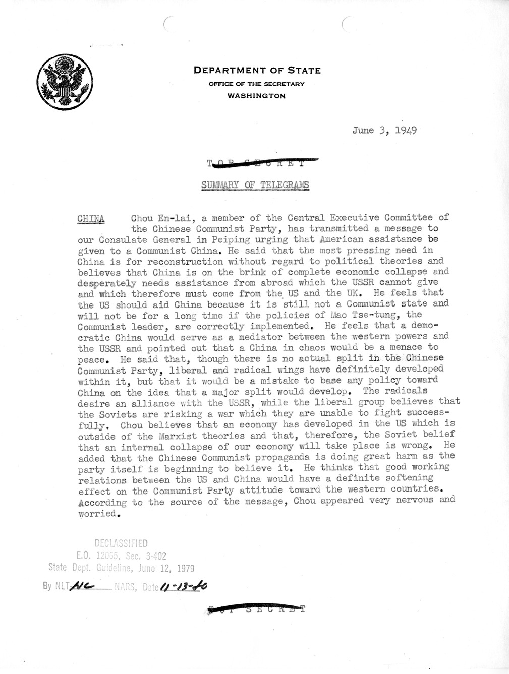 Memorandum, State Department Summary of Telegrams