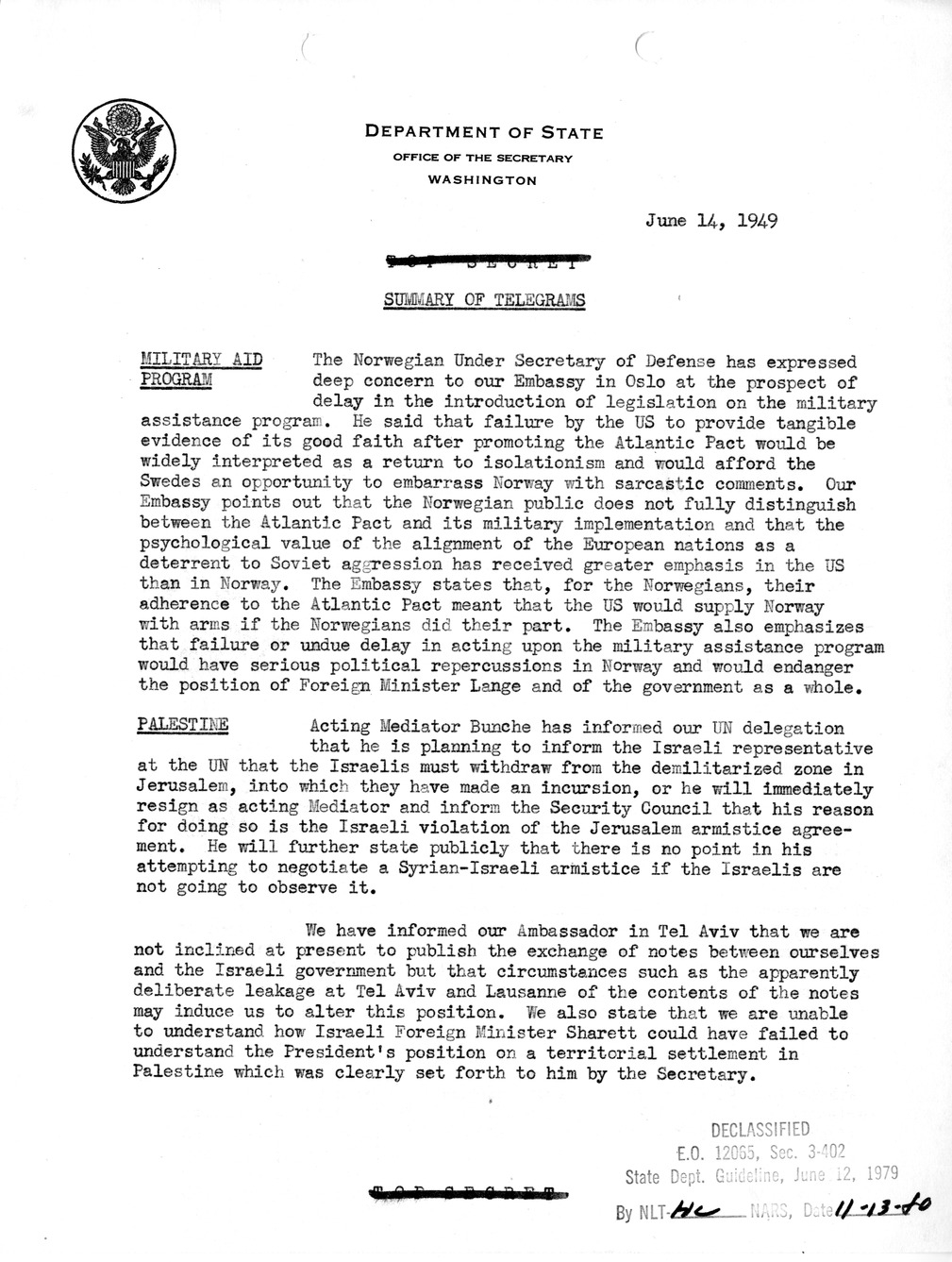 Memorandum, Department of State Summary of Telegrams