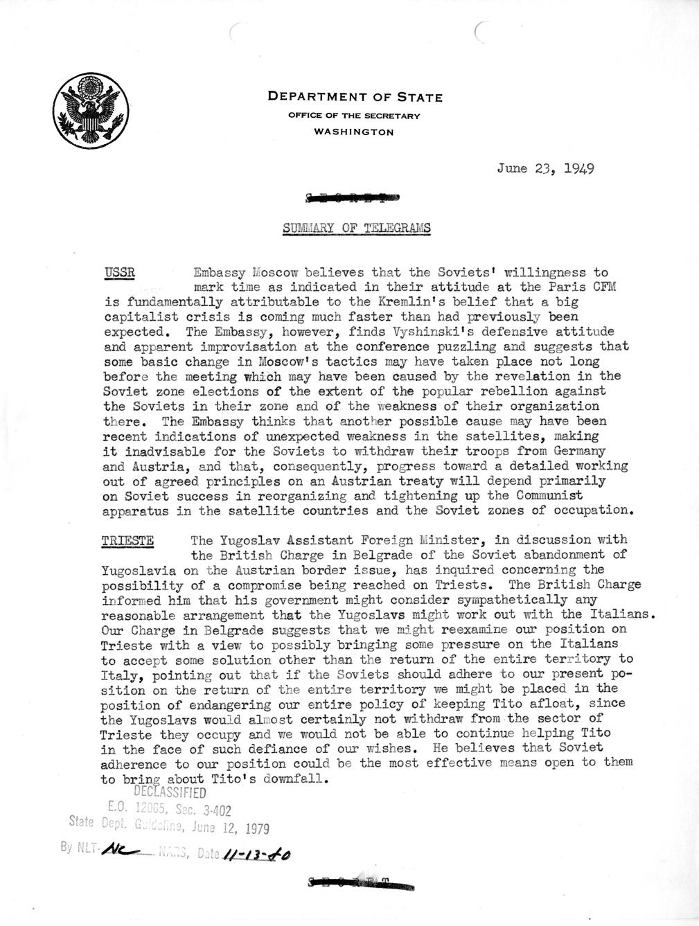 Memorandum, Department of State Summary of Telegrams