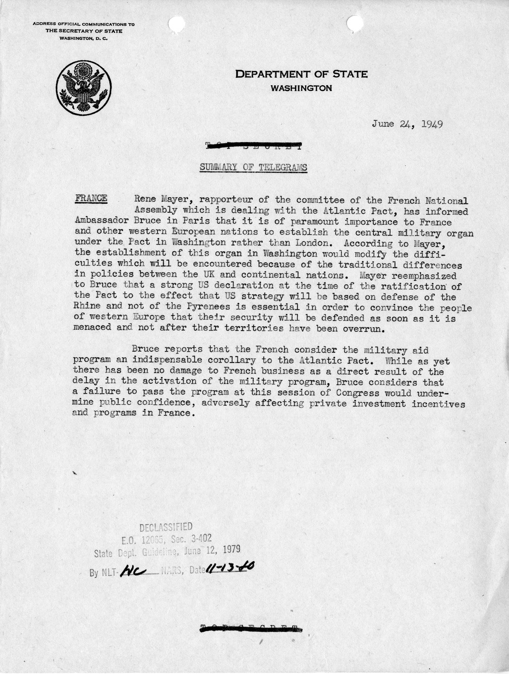 Memorandum, Department of State Summary of Telegrams