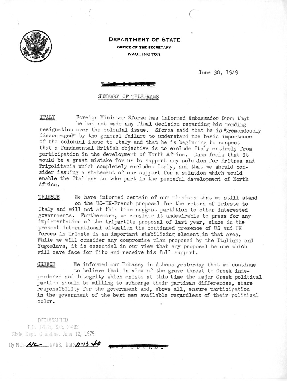 Memorandum, State Department Summary of Telegrams