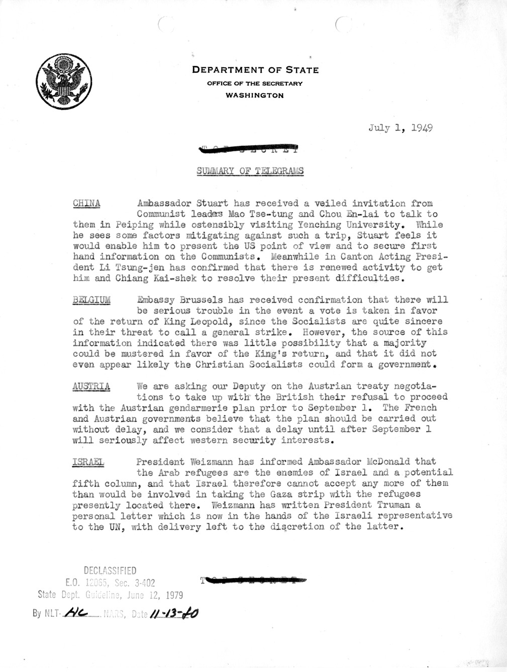 Memorandum, State Department Summary of Telegrams