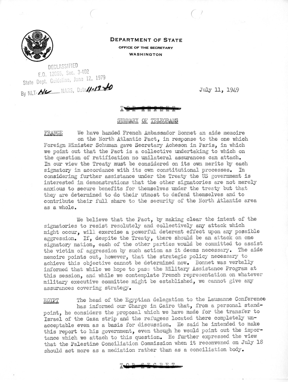 Memorandum, Department of State Summary of Telegrams